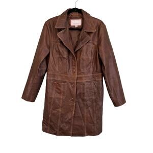 Wilsons Leather Maxima Trench Coat Women L Brown Collared Button Mobwife Outdoor